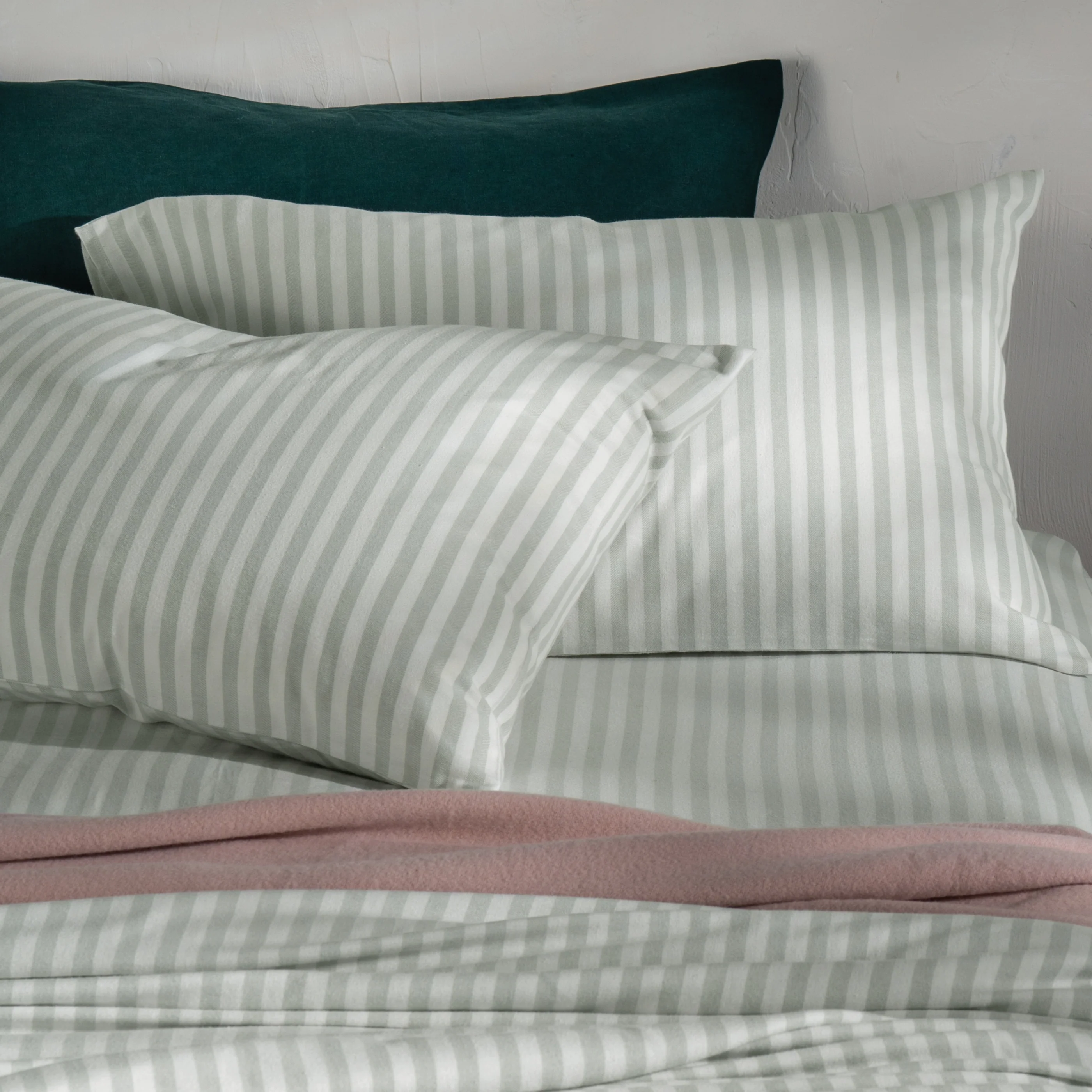 Misty Green Herringbone Stripe Cotton 30cm Standard Fitted Sheets - Image 3