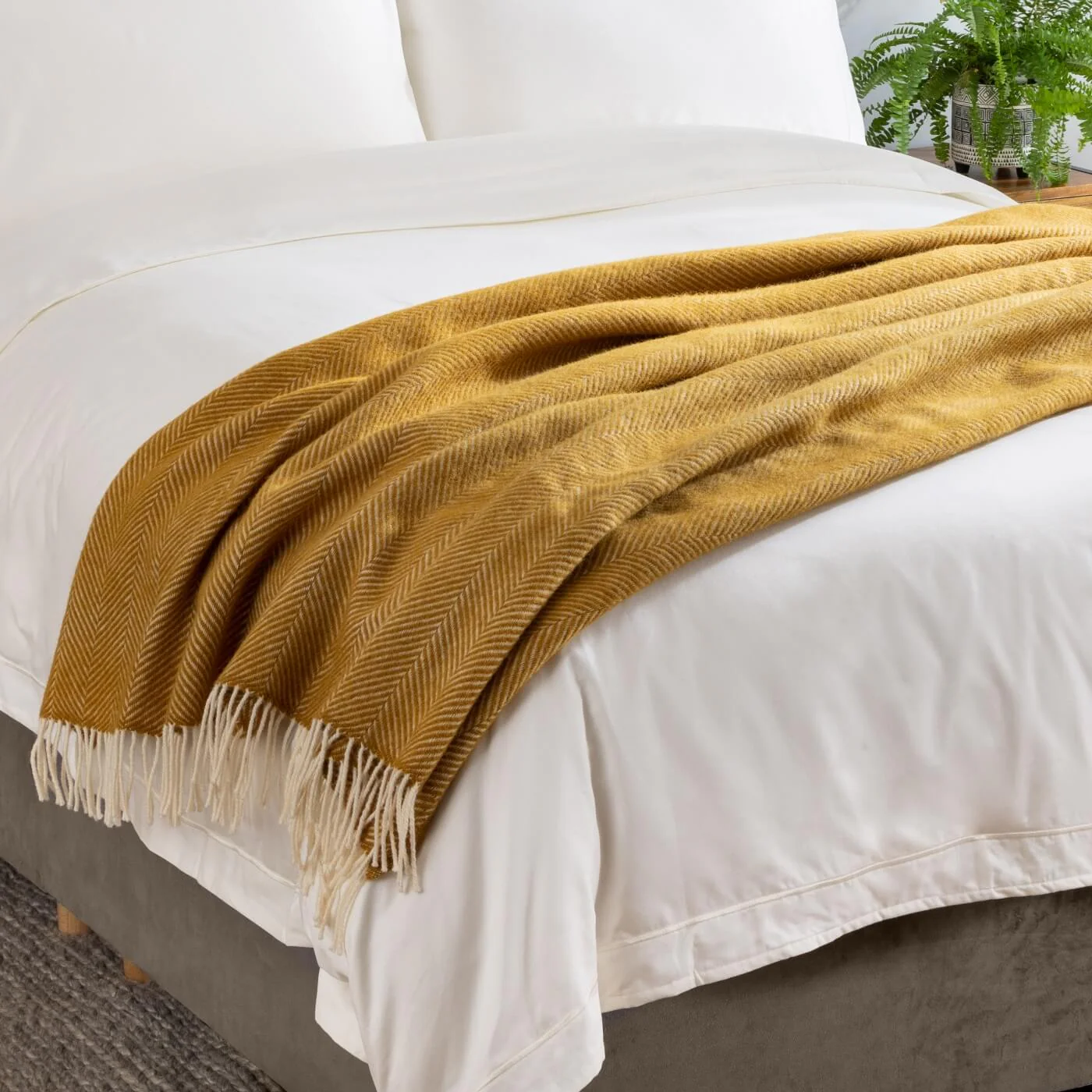Mustard Herringbone Pure Wool Throws & Cushions - Image 5