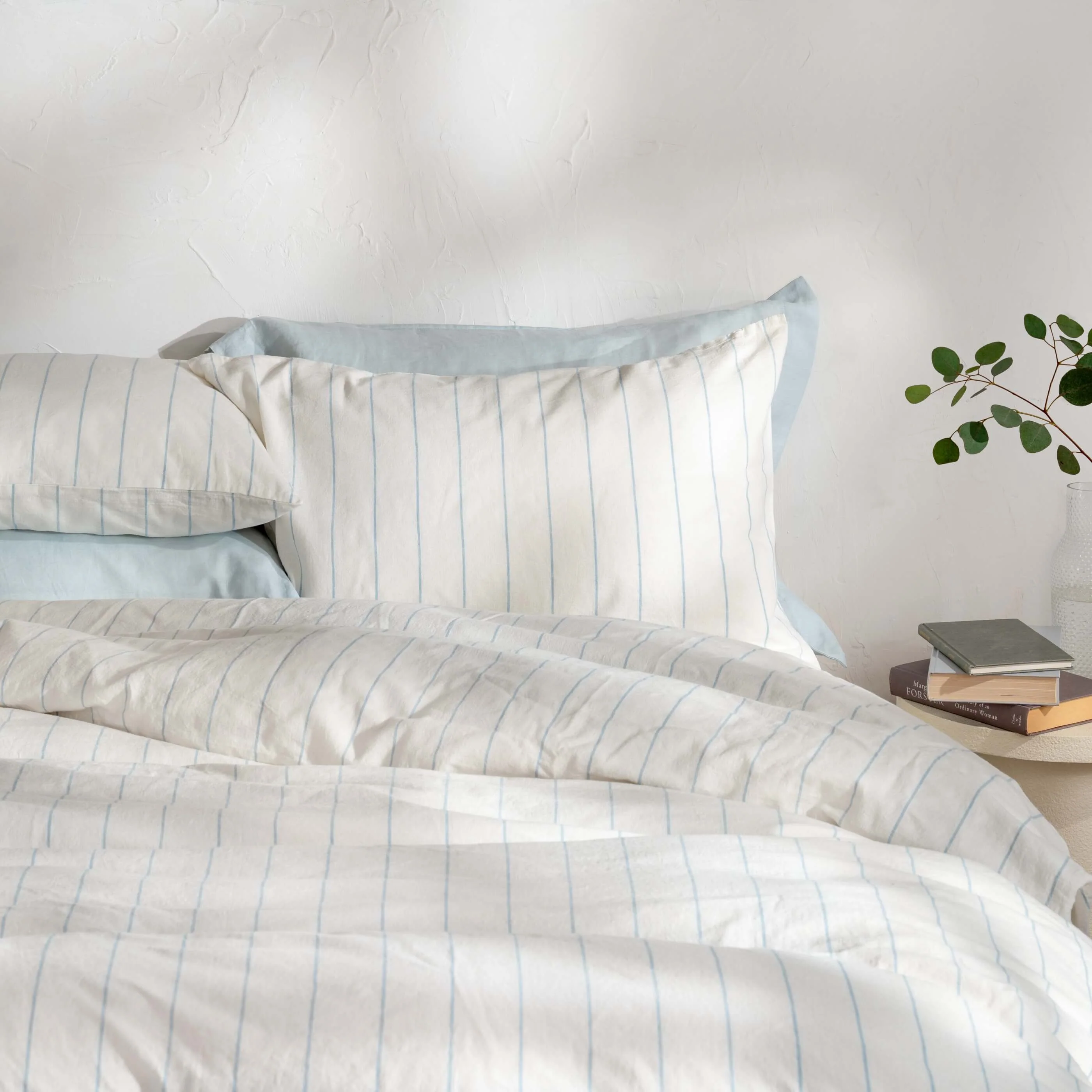 White/Blue Pinstripe Linen & Cotton Blend Duvet Sets