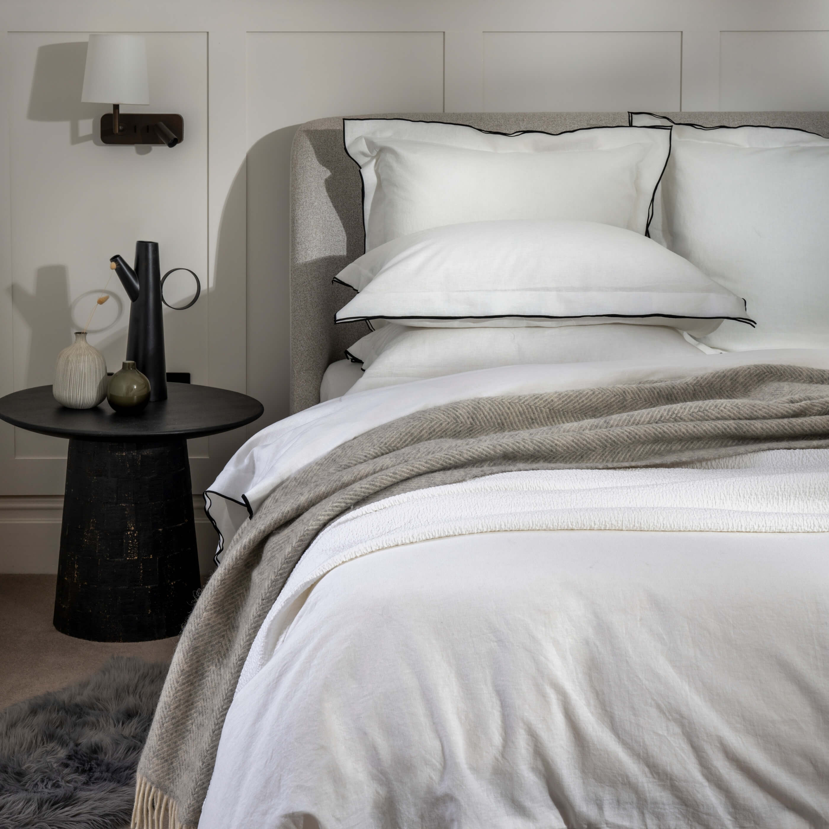 White/Charcoal Overlocked Edge Linen & Cotton Blend Duvet Cover